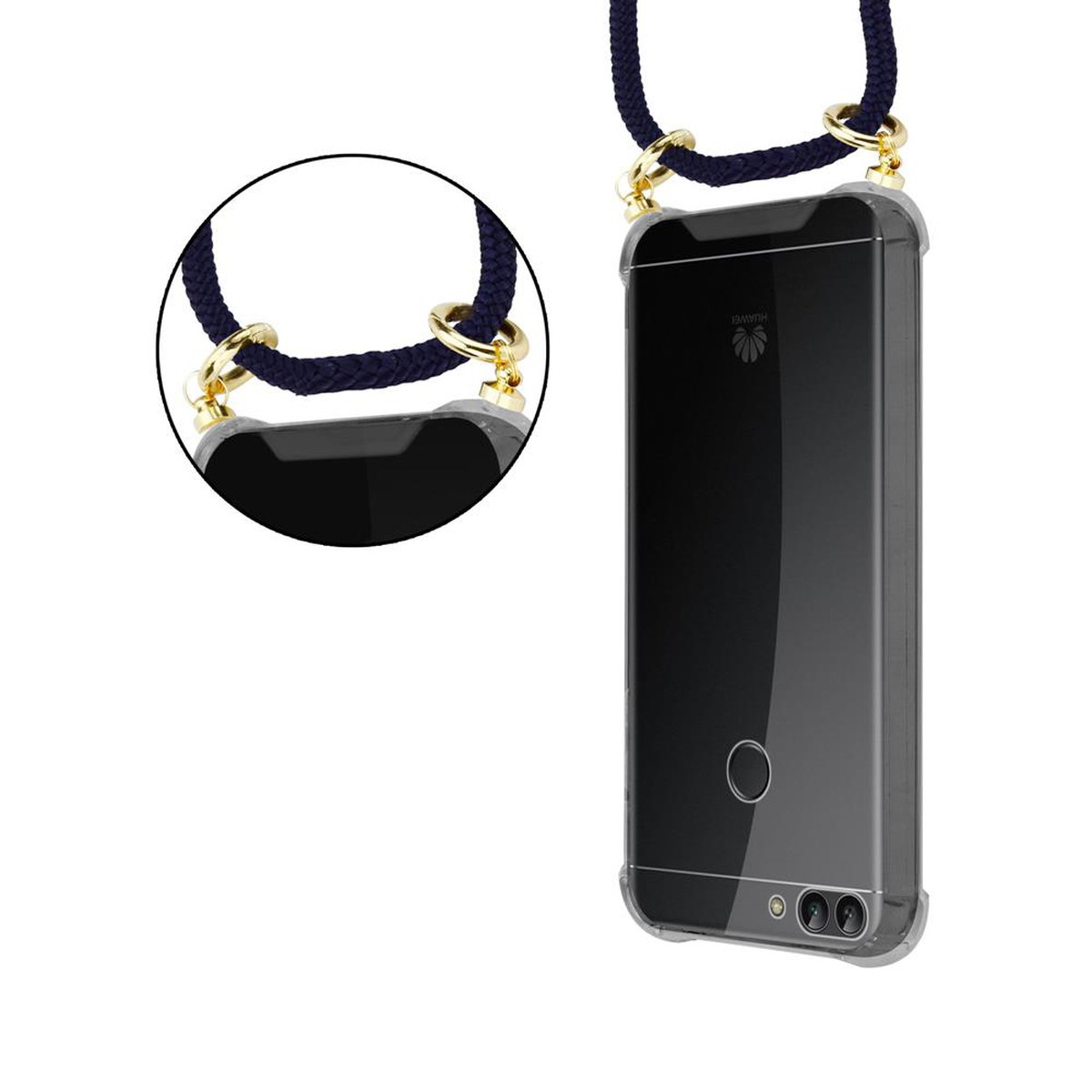 Custodia per telefono con cordino blu navy e anelli dorati. Telefono Huawei nero all'interno.