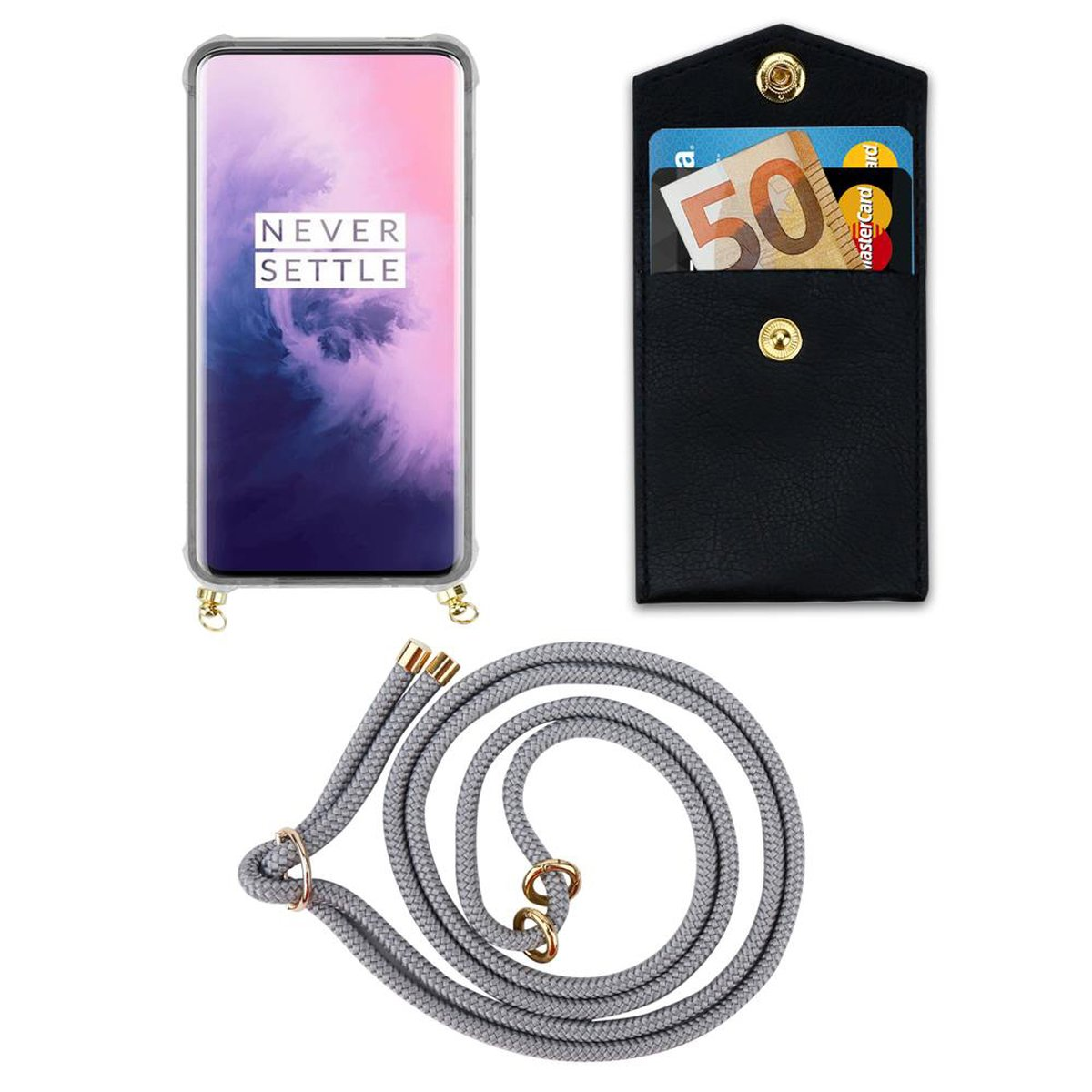 mit und OnePlus, Backcover, Kordel CADORABO Gold Handy PRO, Band 7 Kette SILBER Hülle, Ringen, abnehmbarer GRAU