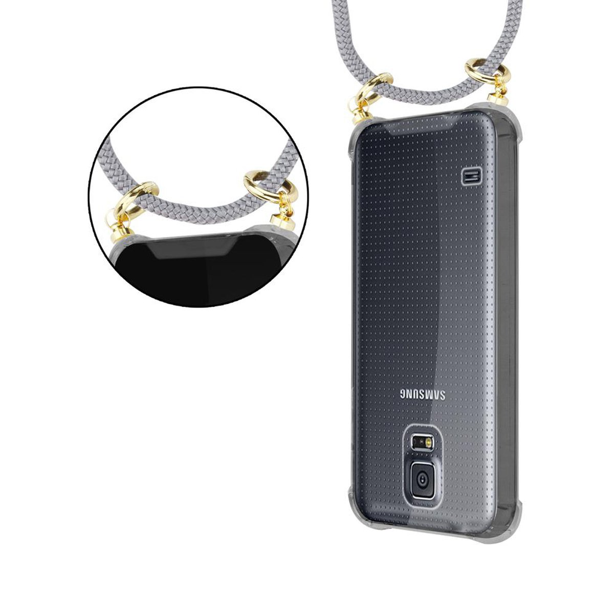 Handy S5 mit Samsung, Kette Gold Kordel Hülle, GRAU S5 Galaxy abnehmbarer Ringen, Band SILBER CADORABO und / Backcover, NEO,