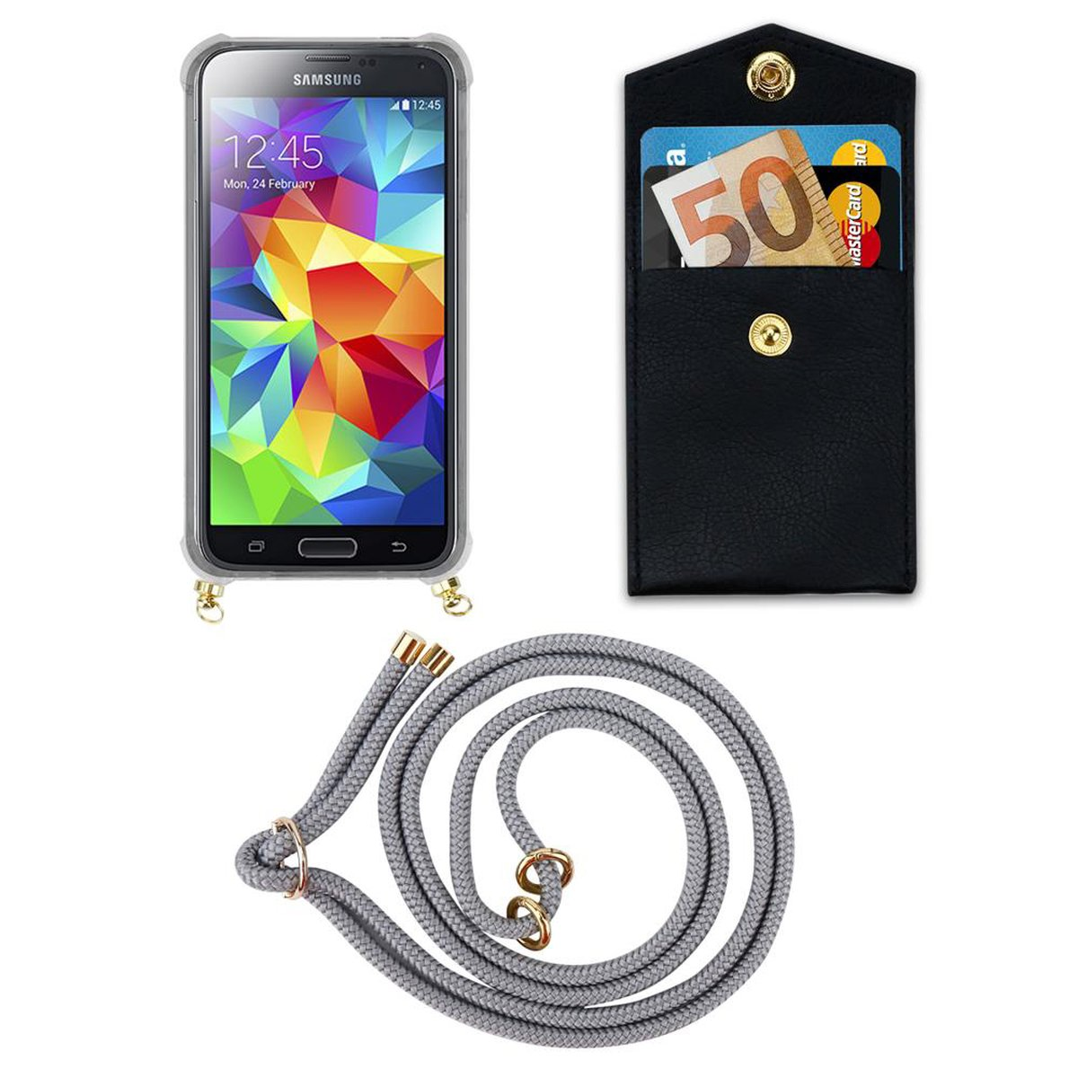 CADORABO Handy und Backcover, S5 Hülle, / SILBER S5 mit abnehmbarer Samsung, Band Ringen, NEO, Kette Kordel Galaxy GRAU Gold