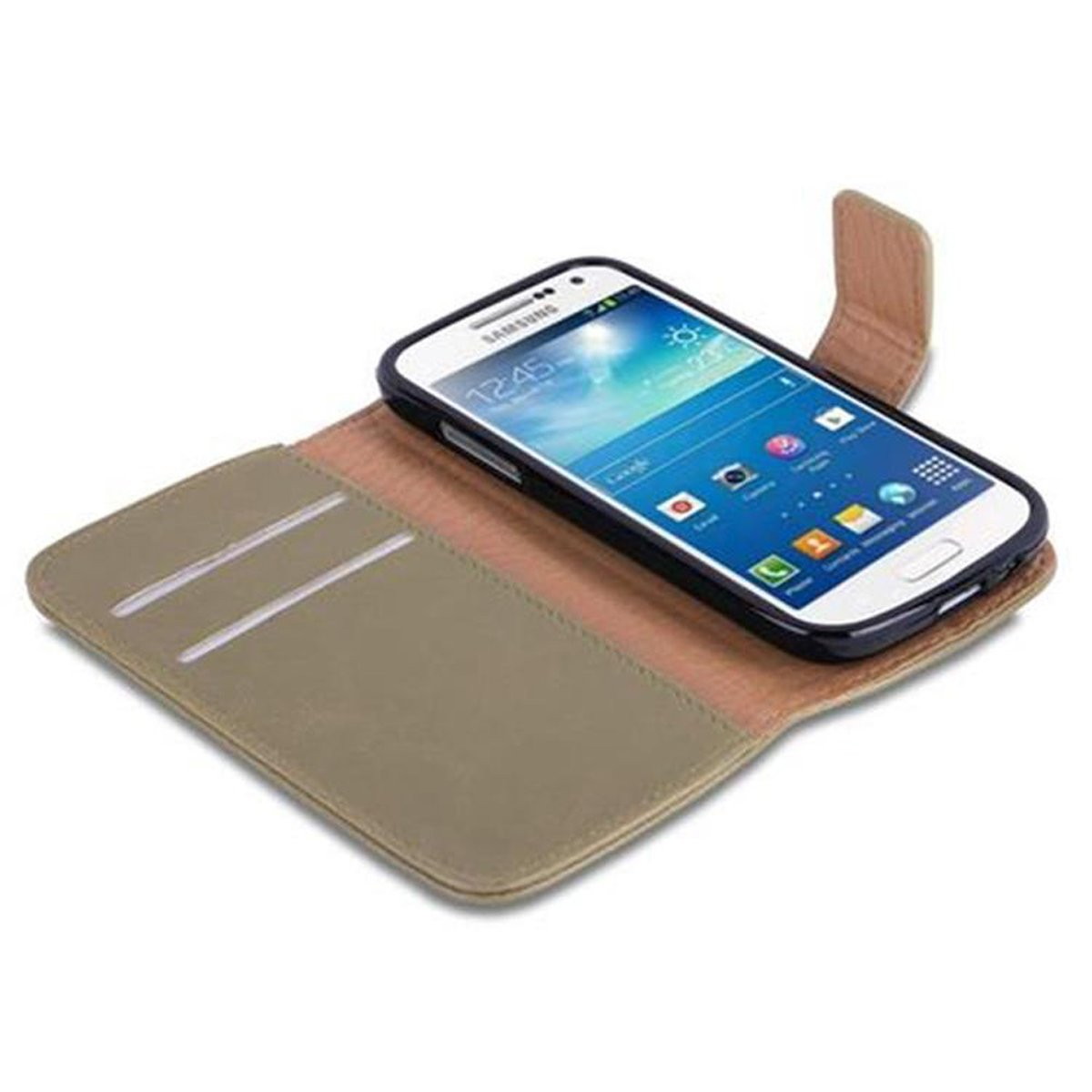 Funda de teléfono abierta con un teléfono. El teléfono muestra la hora 12:45 y una pantalla azul.