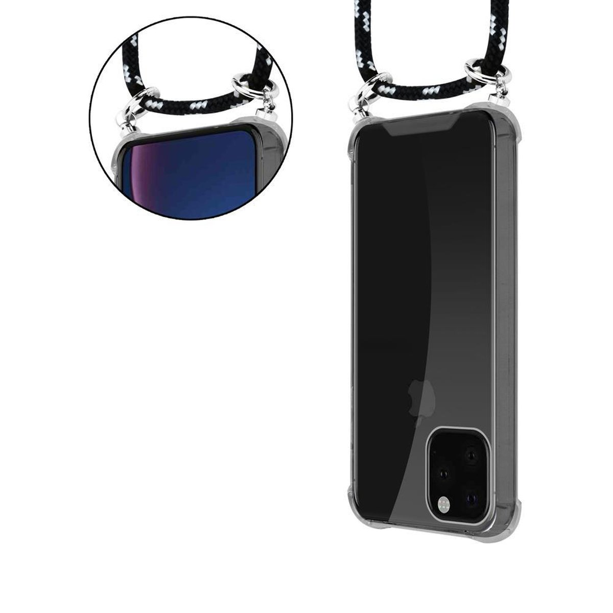 CADORABO Handy Kette Band Apple, SCHWARZ SILBER PRO mit Ringen, abnehmbarer Silber iPhone Kordel Hülle, Backcover, und 11 MAX
