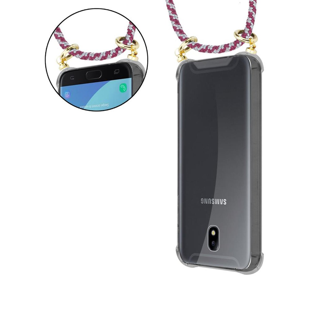 Kordel Kette Gold Backcover, WEIß Galaxy CADORABO Hülle, 2018, Handy mit Ringen, und Band Samsung, ROT J7 abnehmbarer