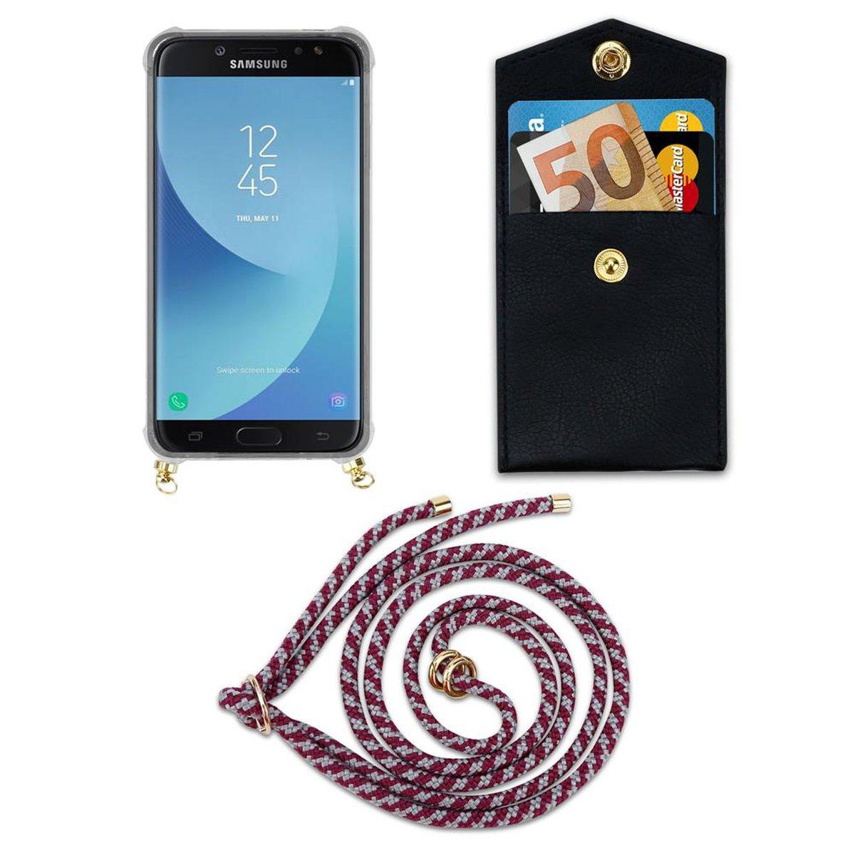 CADORABO Handy Kordel WEIß Samsung, Hülle, Gold Band J7 mit 2018, und Ringen, Galaxy Backcover, abnehmbarer Kette ROT