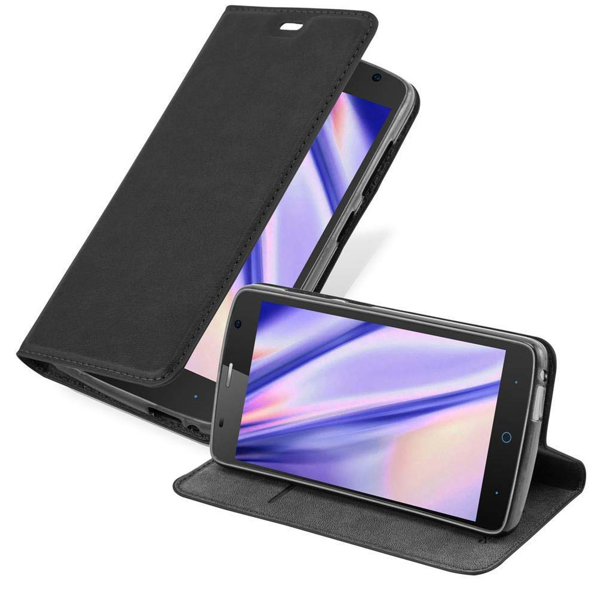 Funda de teléfono negra abierta, mostrando un teléfono. La pantalla muestra un diseño colorido.