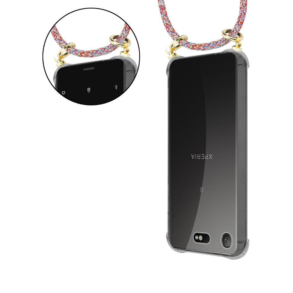 Eine transparente Handyhülle mit buntem Riemen an einem XPERIA-Telefon auf der rechten Seite des Bildes befestigt.