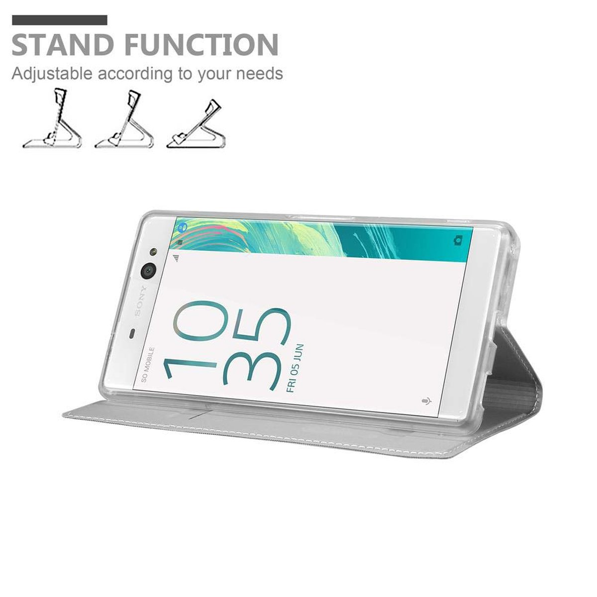 Telefono in custodia, aperto, con visualizzazione dell'ora. Testo e diagrammi della funzione supporto.