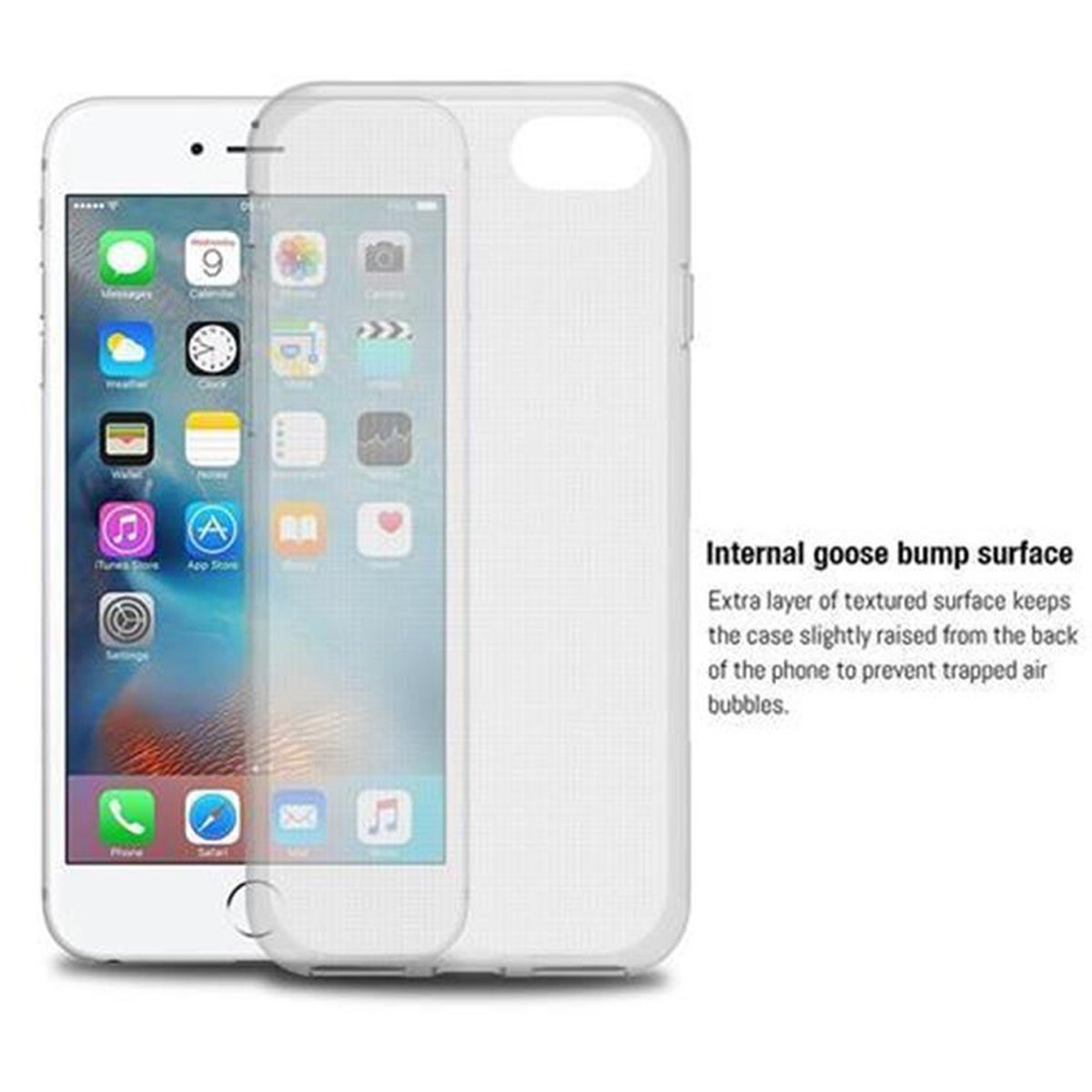 iPhone con custodia trasparente. La custodia è accanto al telefono. Sfondo bianco.