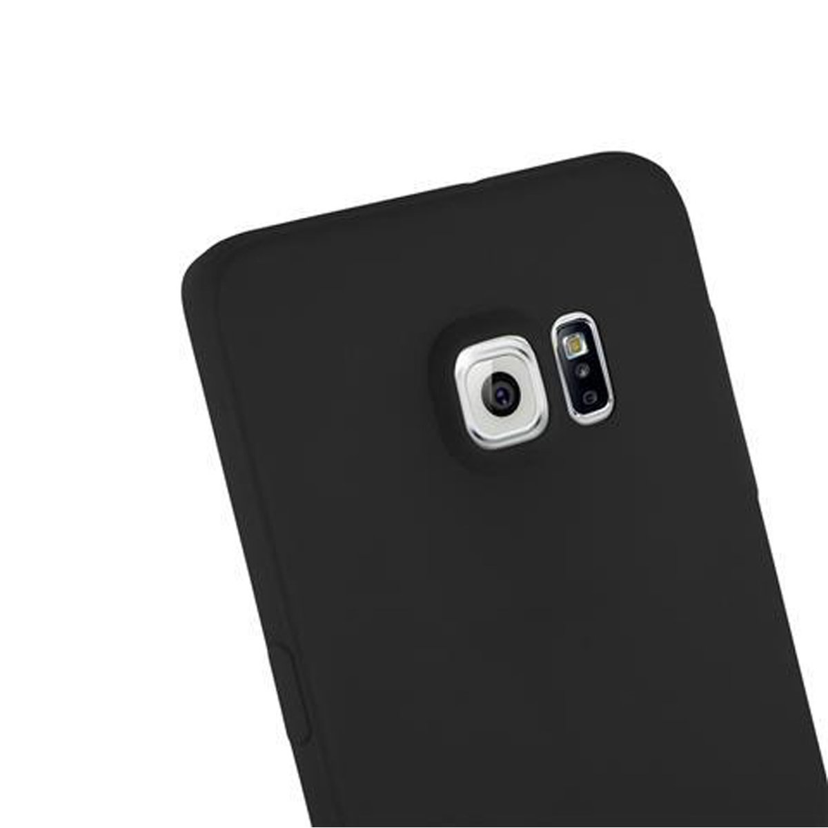 Retro del telefono nero con dettagli della fotocamera visibili. Il telefono è in una custodia nera.