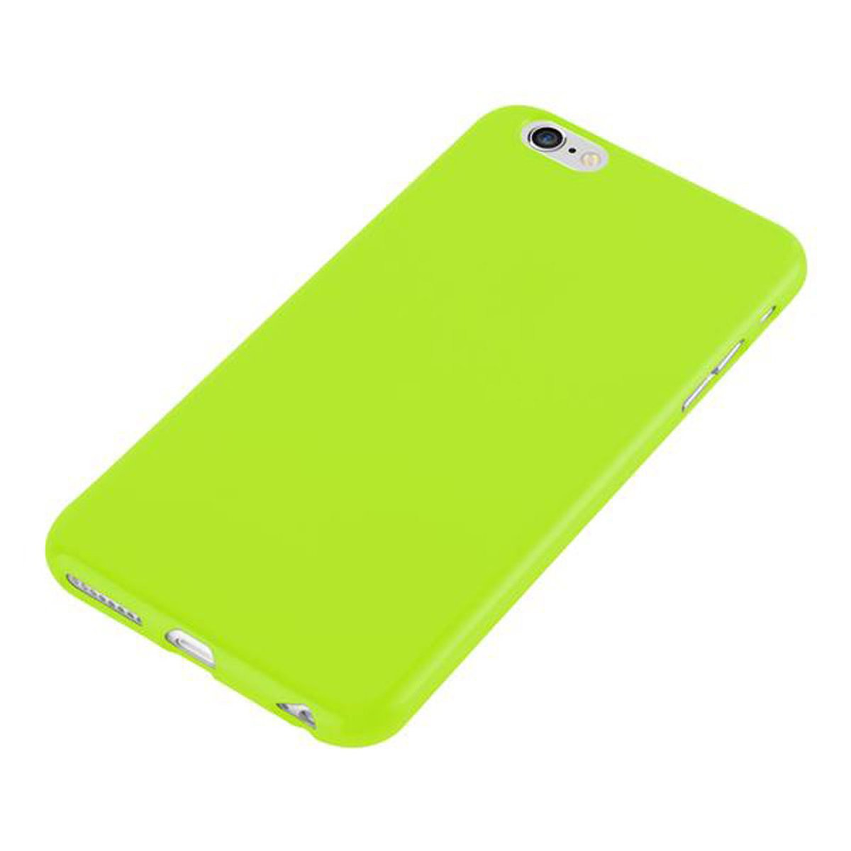 Custodia verde per telefono. È di colore pieno, con obiettivo della fotocamera e sfondo bianco.