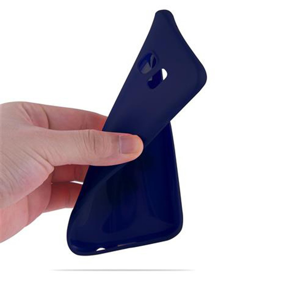 Una mano sosteniendo una funda de teléfono azul oscuro. La funda está abierta, revelando el interior.