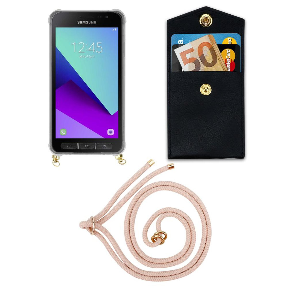 CADORABO Handy Kette mit 4 Gold abnehmbarer PERLIG Hülle, Band XCover Galaxy / Kordel Samsung, 4s, Ringen, XCover Backcover, und ROSÉGOLD