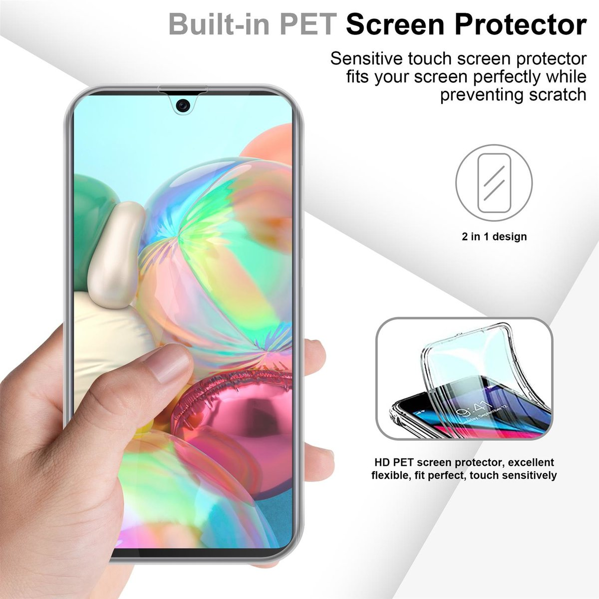 Hand hält ein Telefon mit integriertem PET-Bildschirmschutz. Der Bildschirm zeigt bunten Hintergrund.
