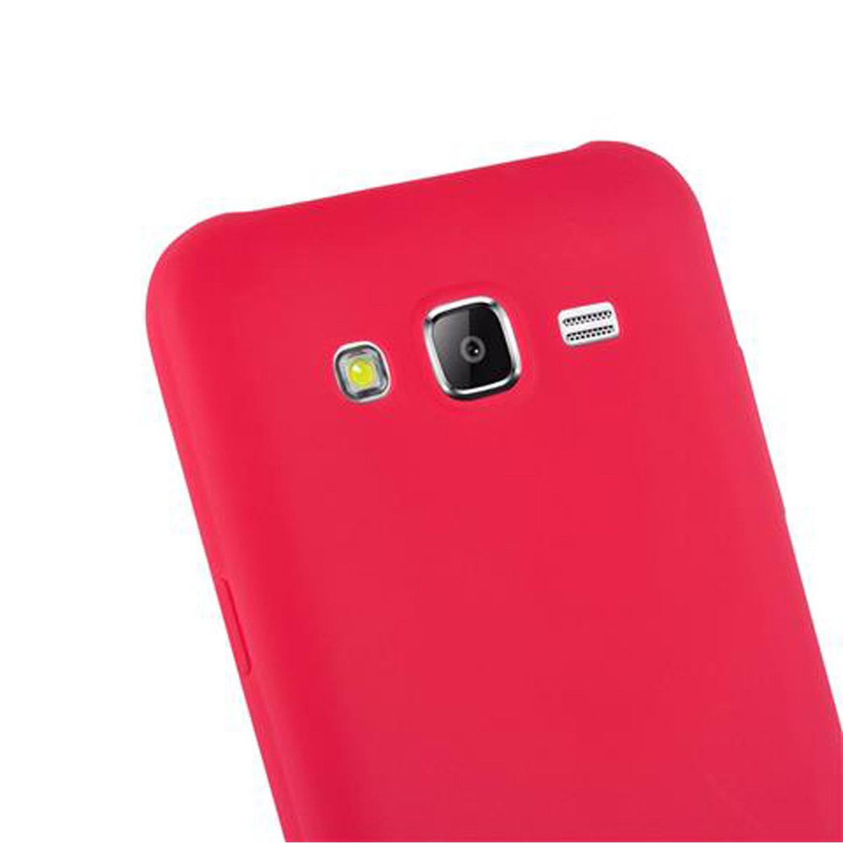 Funda de teléfono roja con cámara y flash. La funda es lisa.