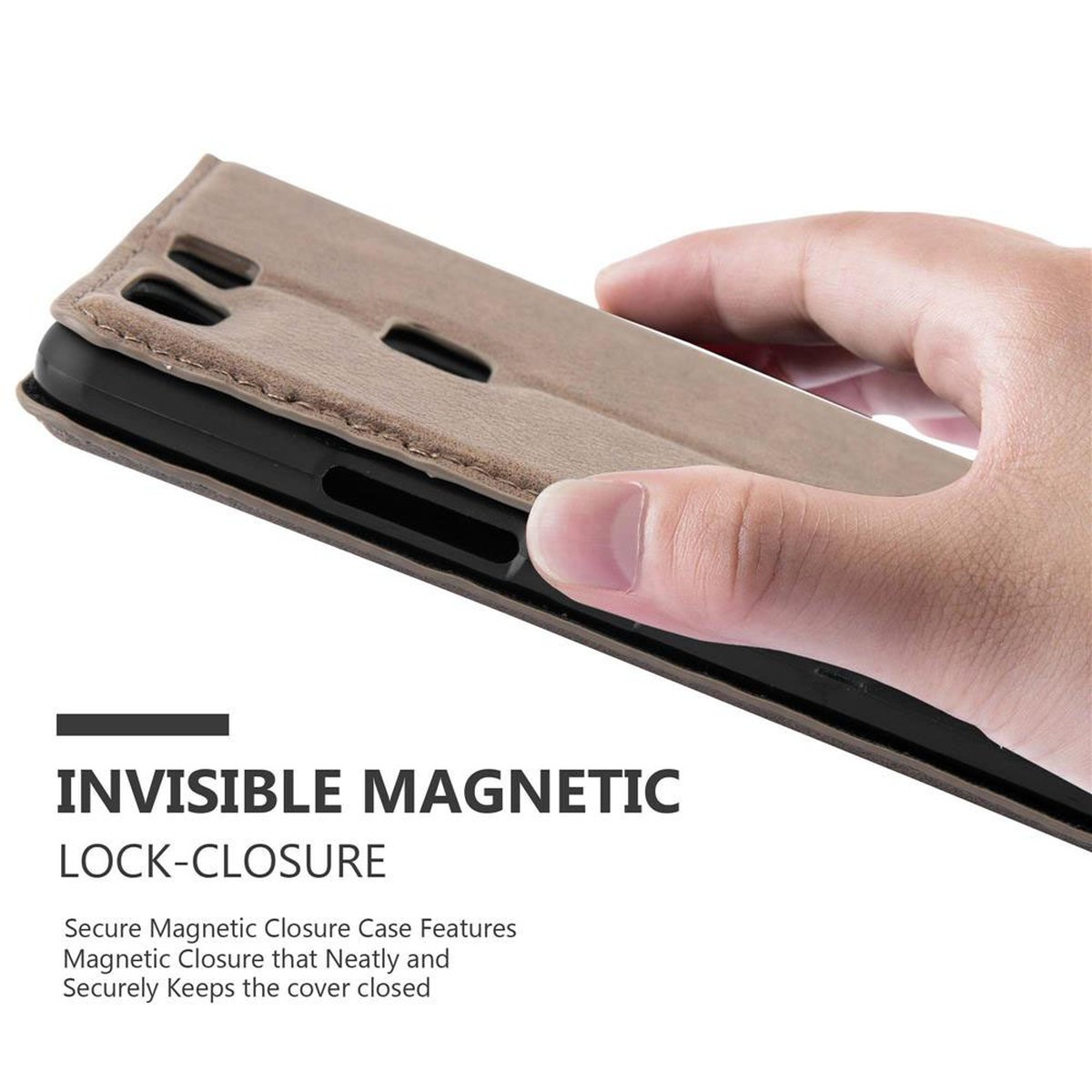 Custodia per telefono con chiusura magnetica. Viene mostrata una mano che tiene la custodia.