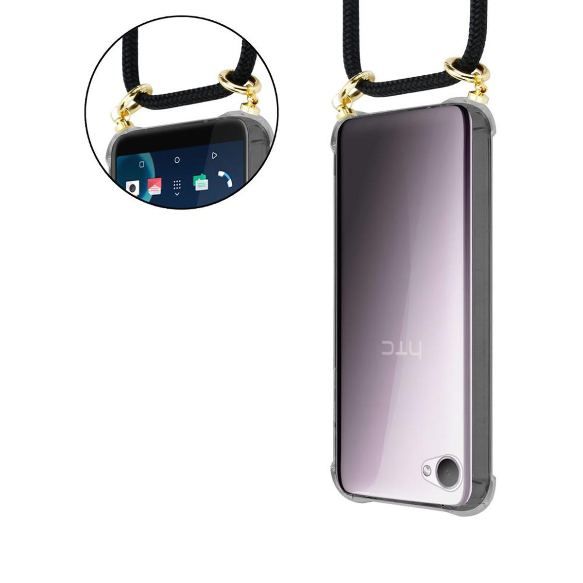 CADORABO Handy Kette mit HTC, Gold und 12, Hülle, abnehmbarer Desire Ringen, Backcover, Kordel SCHWARZ Band
