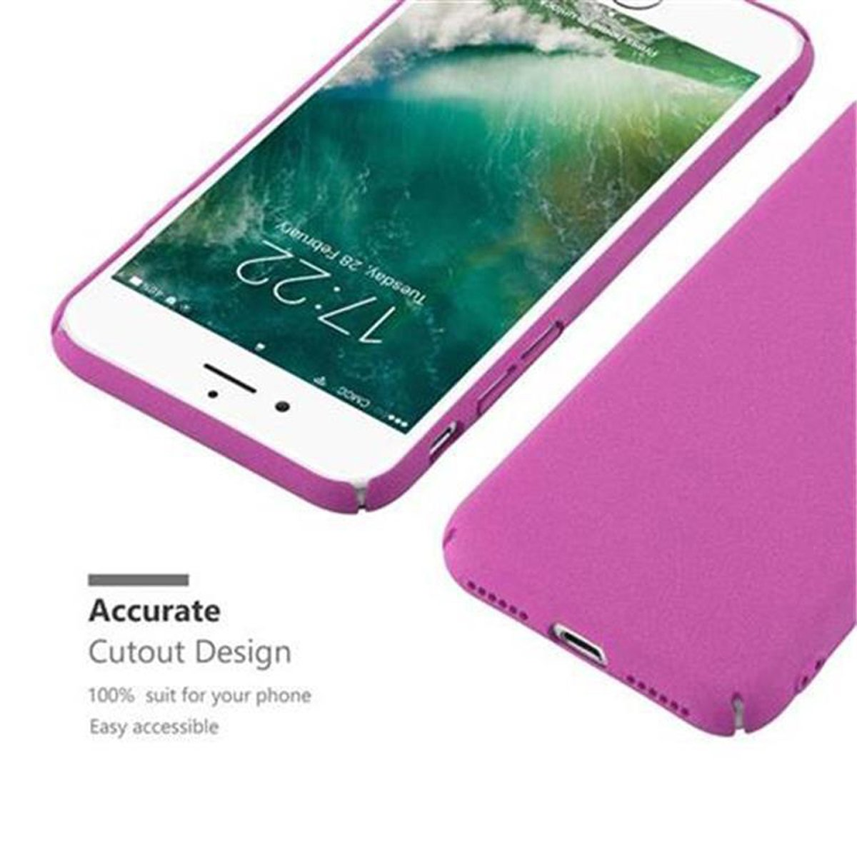 Un telefono bianco con custodia rosa. Un'altra custodia rosa a destra. Testo in basso.