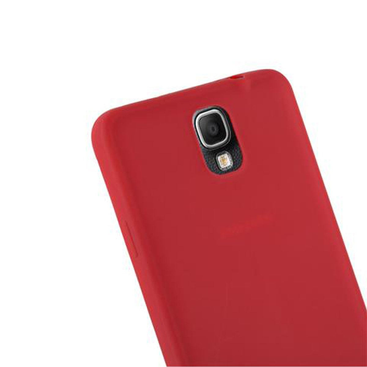 Una funda roja para teléfono. El teléfono es rojo y la cámara es visible.