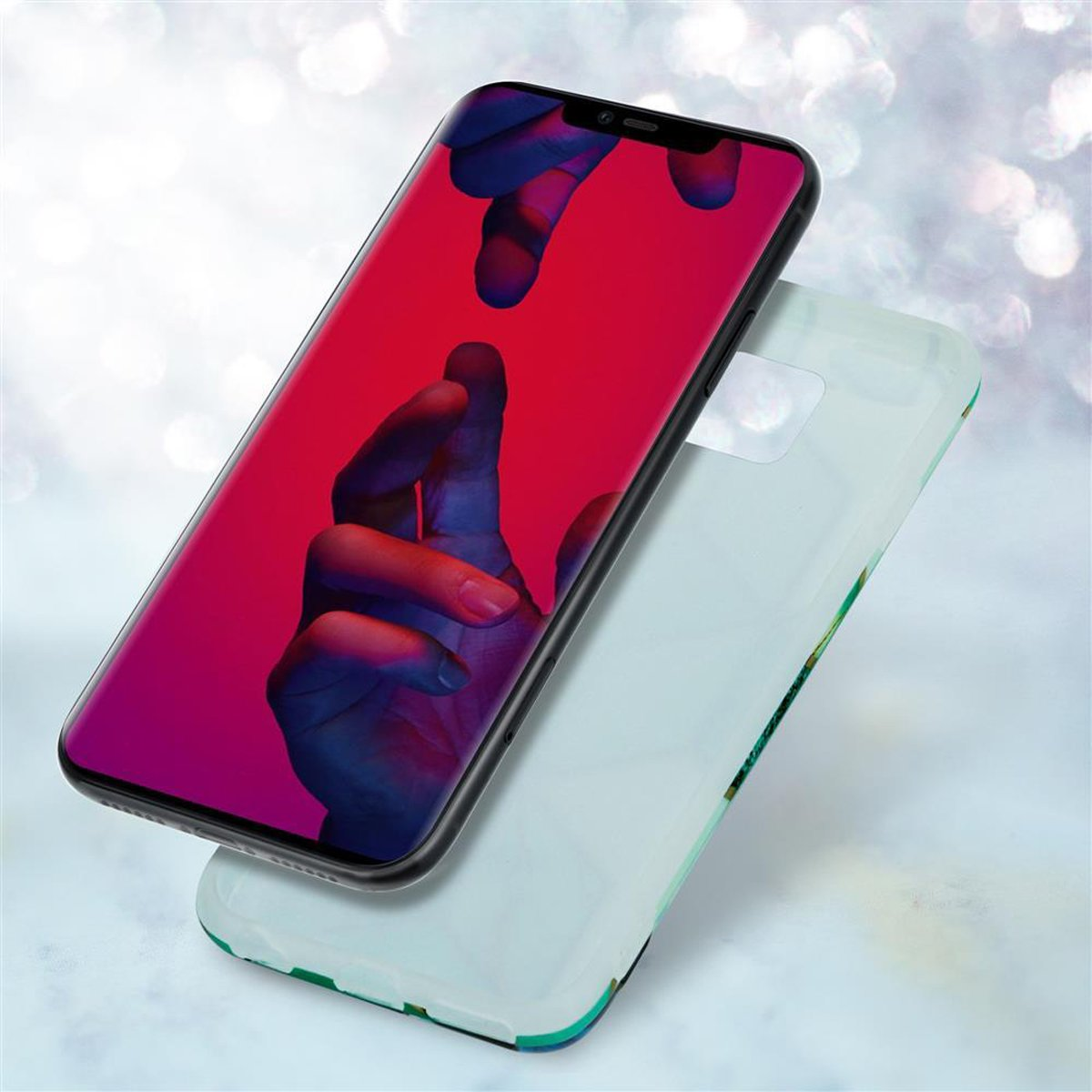 Telefono con schermo rosso e viola e custodia blu chiaro. Sfondo sfocato.