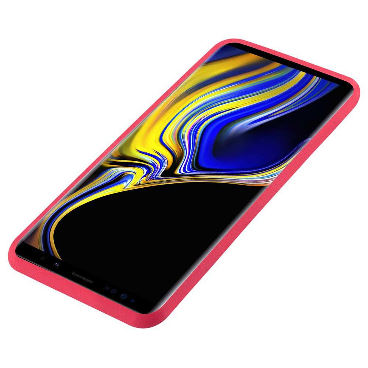Un telefono con una custodia rossa. La custodia è intorno ai bordi del telefono. Il telefono ha uno schermo giallo e blu.