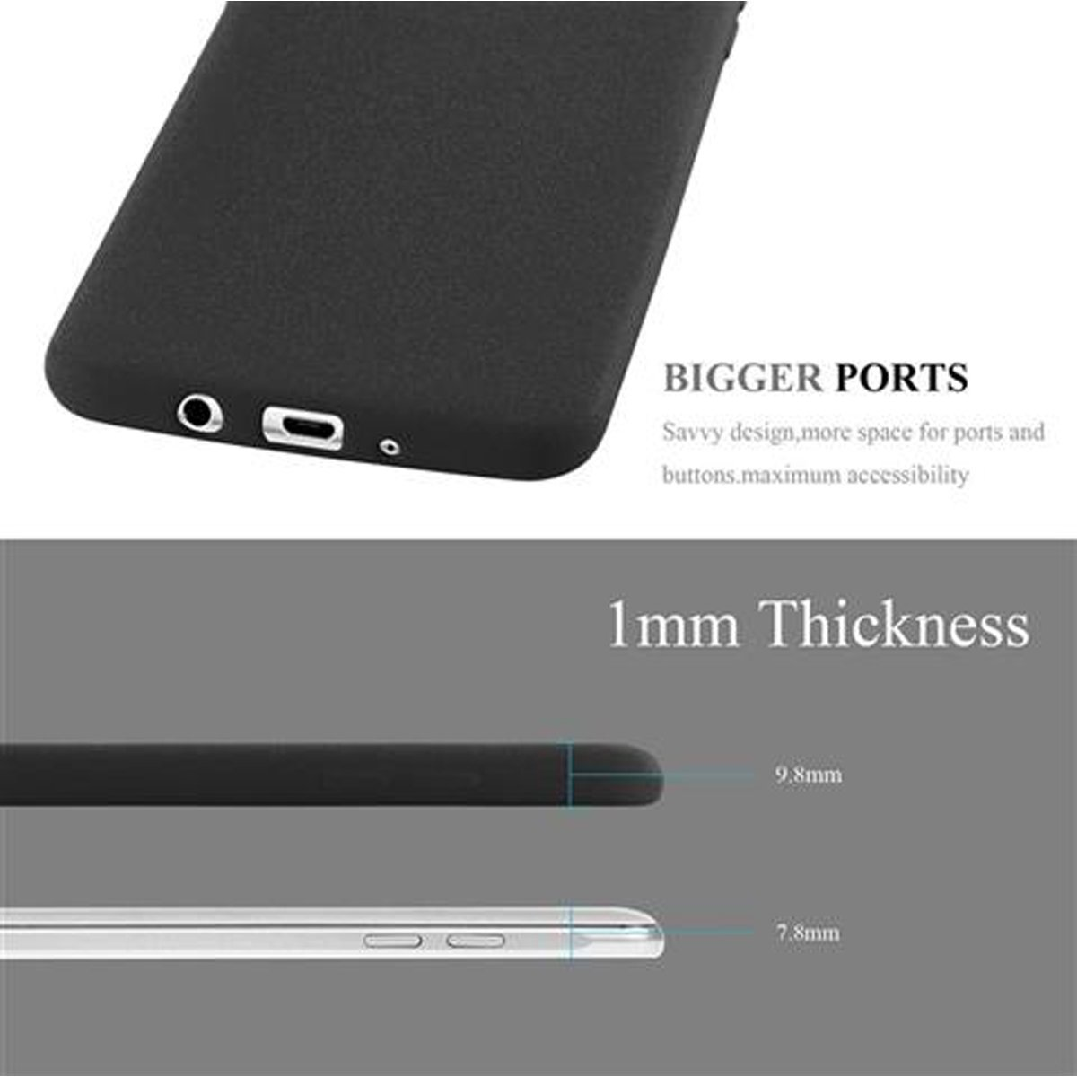 Una funda de teléfono negra con enfoque en su grosor y puertos. El texto menciona puertos más grandes y 1 mm de grosor.