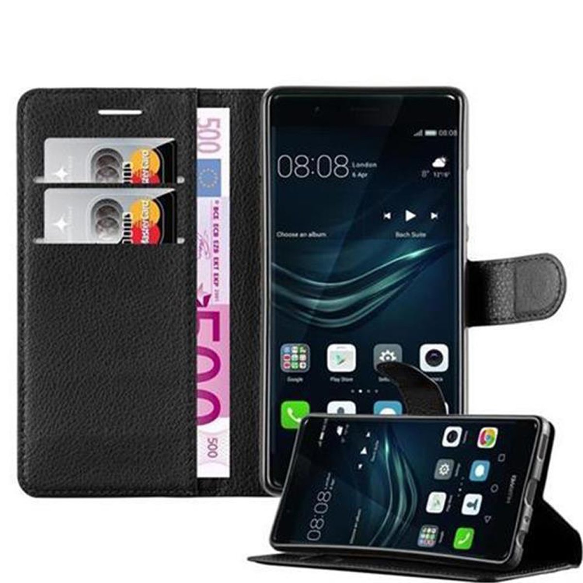 Schwarzes Telefon in einer Leder-Wallet-Hülle, mit sichtbaren Karten und Geld, auf weißem Hintergrund.