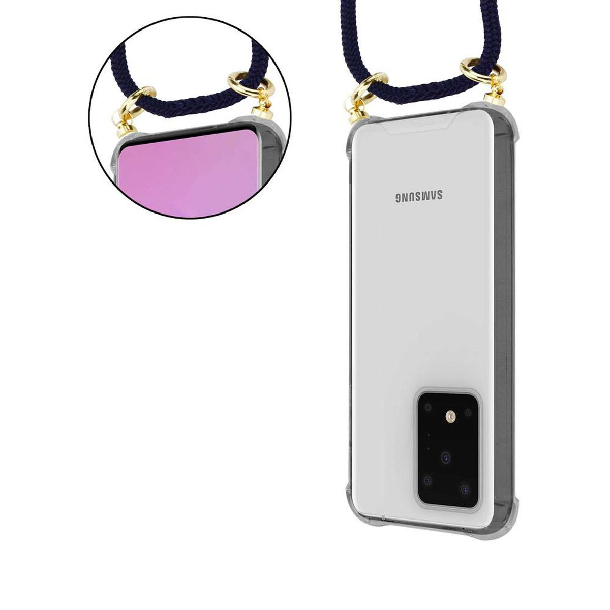 Uno smartphone con custodia trasparente e cordino blu scuro. Primo piano dello schermo.