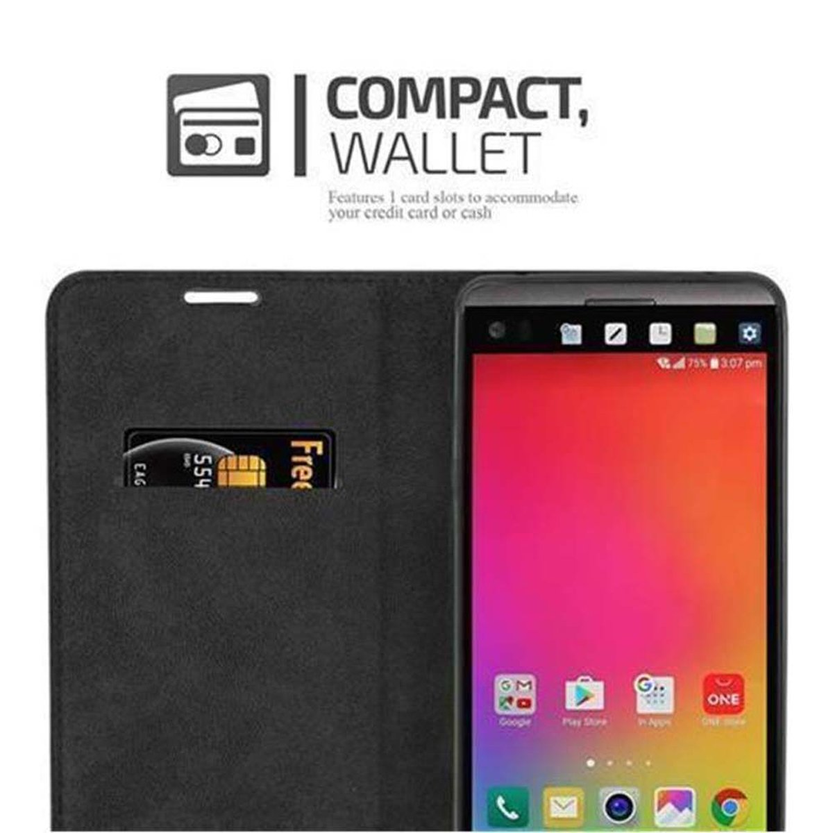 Funda negra para teléfono con función de cartera, tarjeta de crédito visible y teléfono con apps.