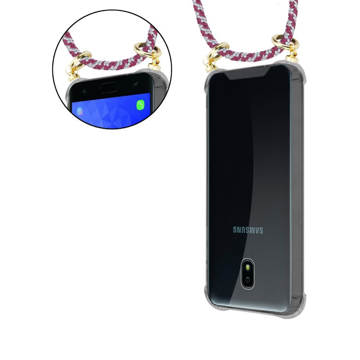 CADORABO Handy Kette mit Band Galaxy und WEIß Backcover, Samsung, Hülle, J3 Gold Kordel Ringen, ROT 2018, abnehmbarer
