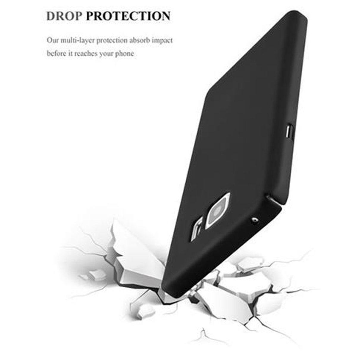 Schwarze Handyhülle offen, mit Telefon und Text 'Drop Protection'. Zerbrochener Boden darunter.