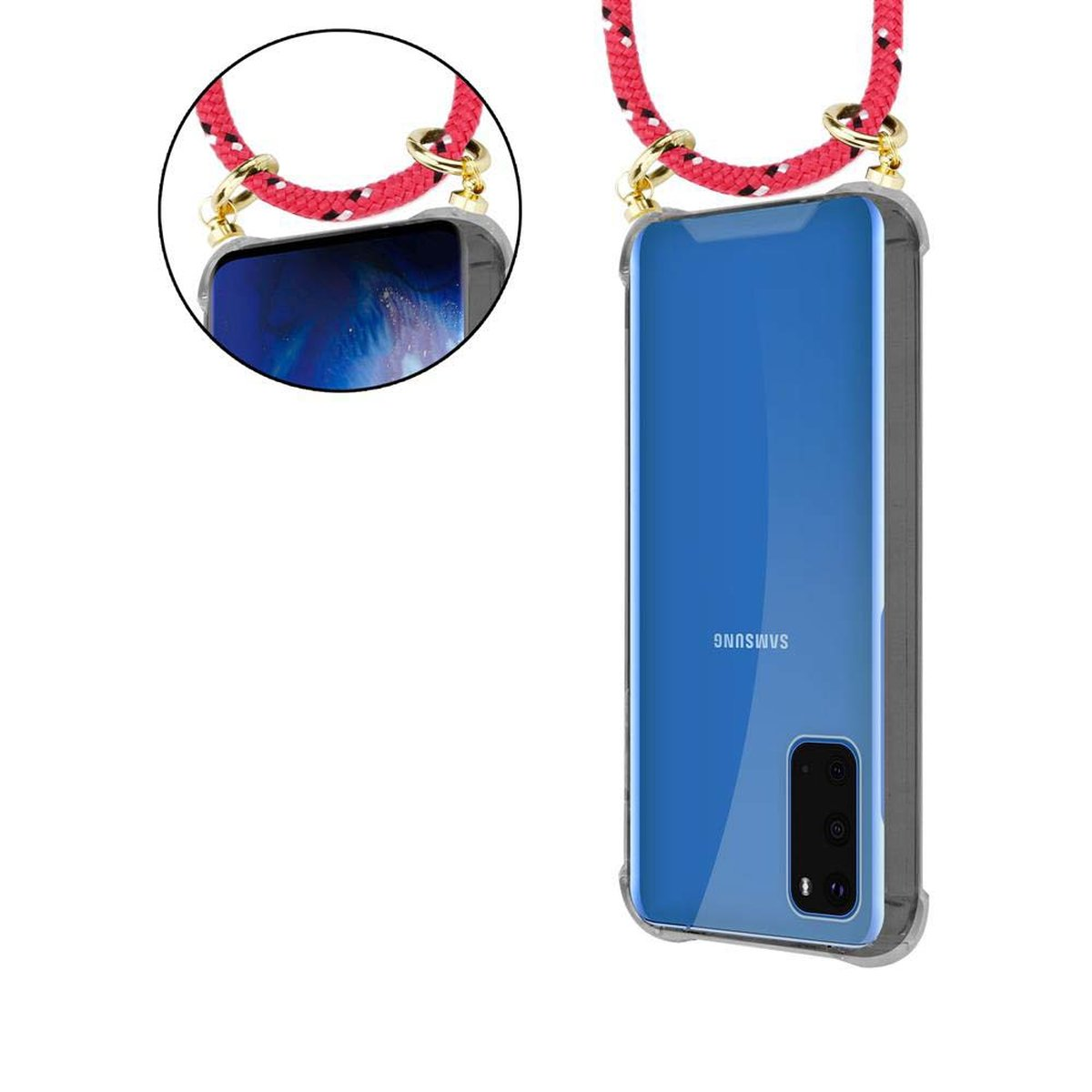Telefono con cinturino rosso e bianco, anelli dorati. Telefono in custodia trasparente. Lo schermo è acceso.
