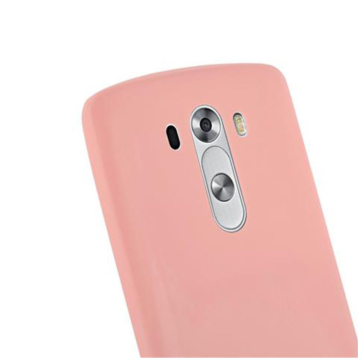 Nahaufnahme einer rosa Handyhülle. Die Hülle hat eine Kamera und andere kleine kreisförmige Details.