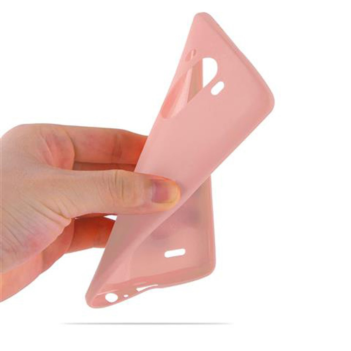 Eine Hand, die eine rosa Handyhülle hält. Die Hülle ist flexibel und hat Aussparungen für Knöpfe und Kamera.