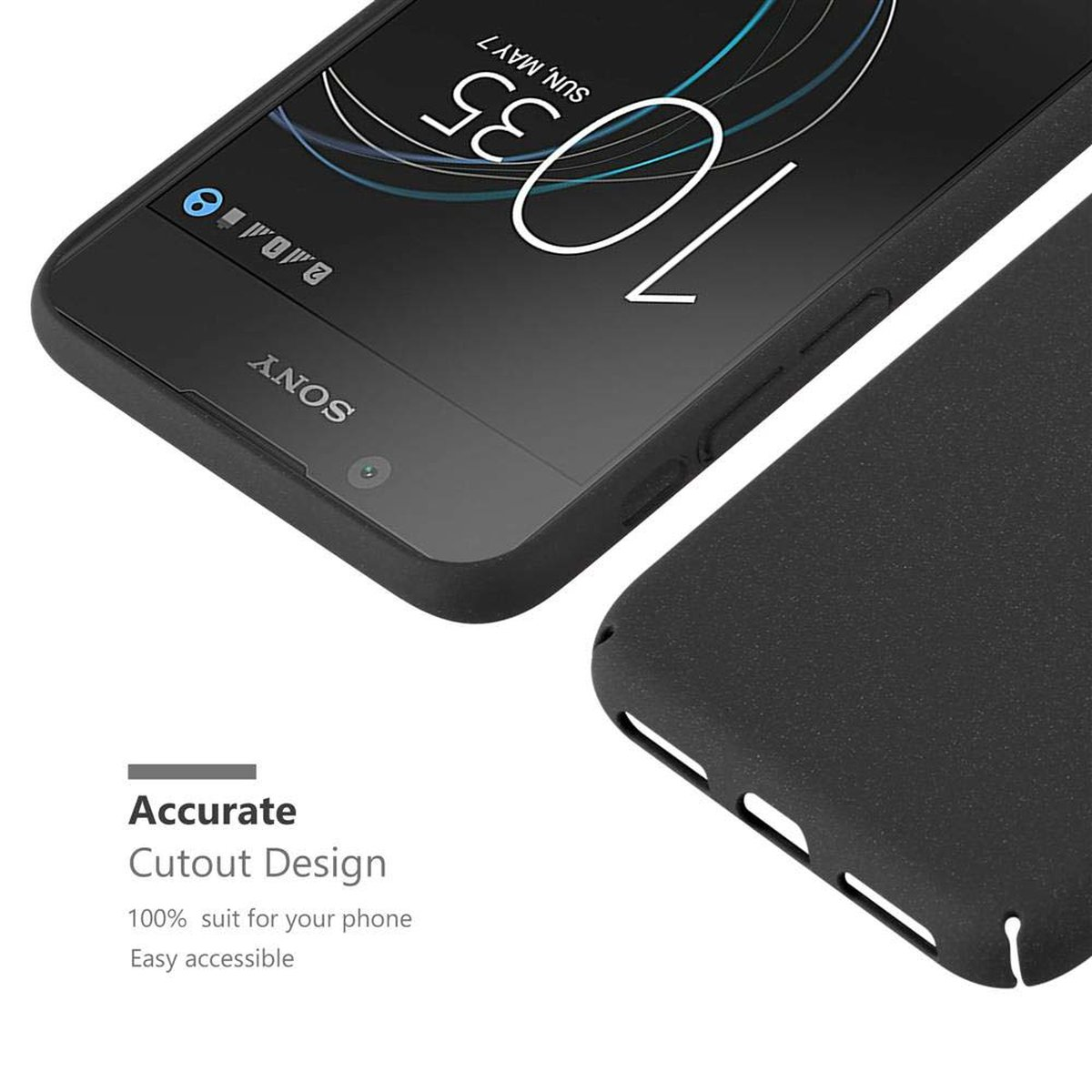 Custodia per telefono nera con design ritagliato. Il telefono mostra l'ora.