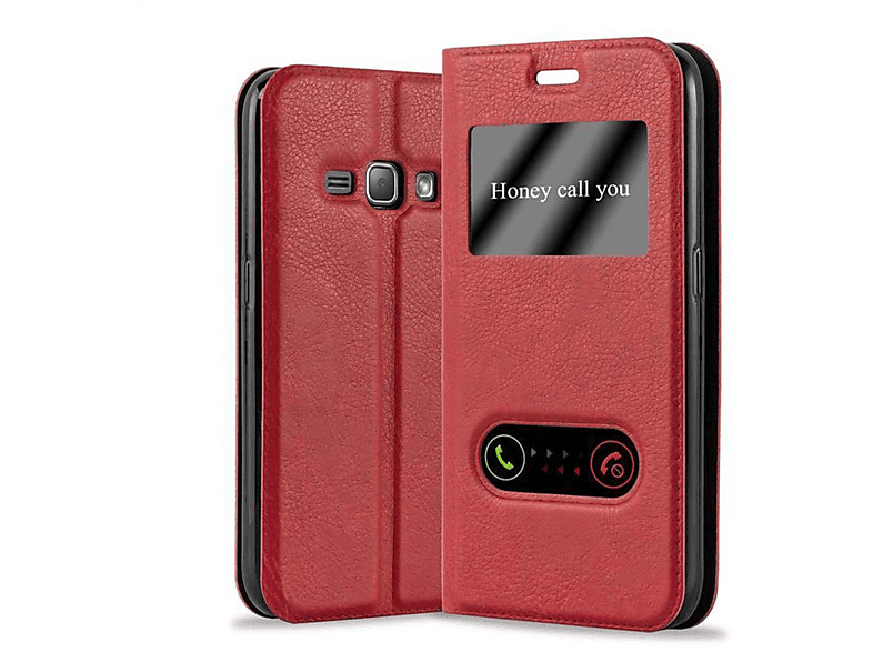 CADORABO Book View Doppelfenster SAFRAN Samsung, Galaxy J1 ROT 2015, Hülle, Bookcover