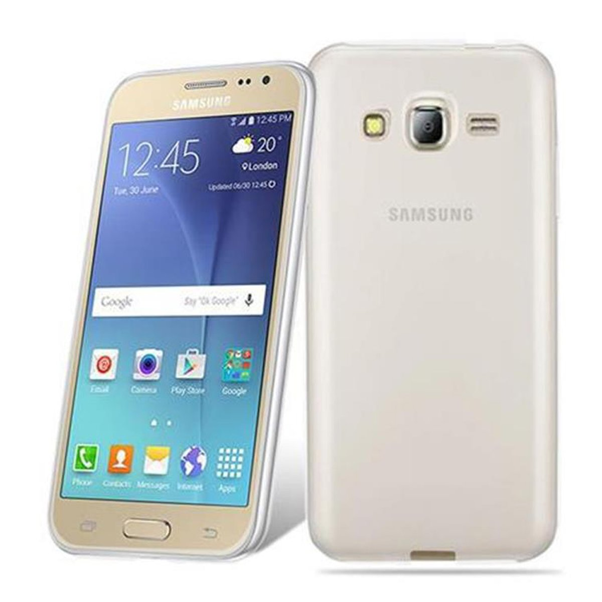 Goldenes Smartphone in klarer Hülle. Der Bildschirm zeigt Zeit und Symbole. Weißer Hintergrund.