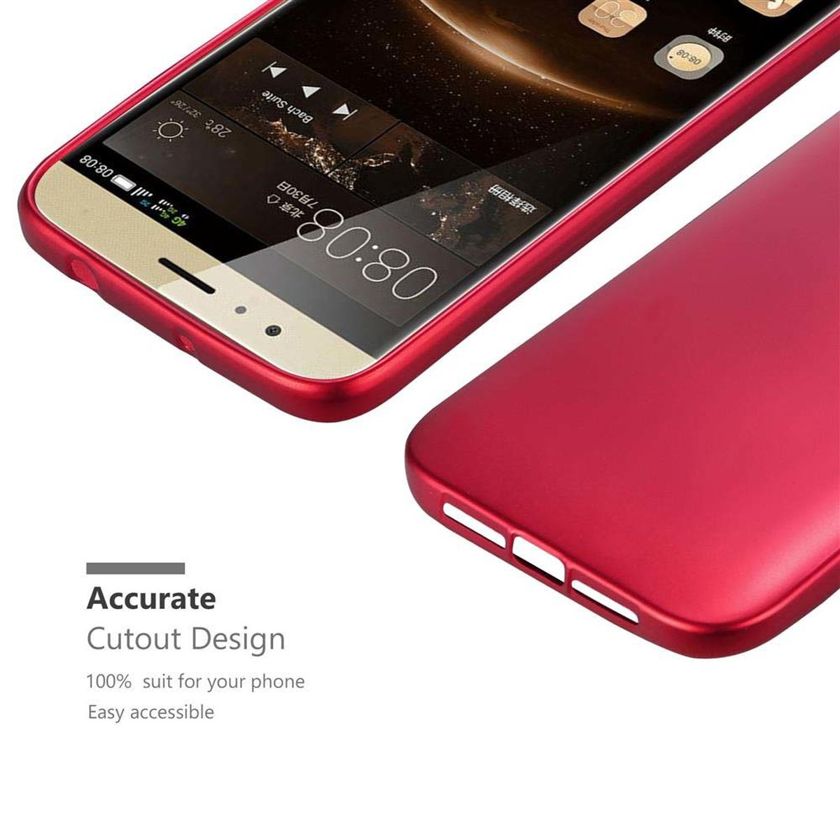 Funda de teléfono roja con recortes precisos. El teléfono es rojo. Los recortes son visibles para los puertos.