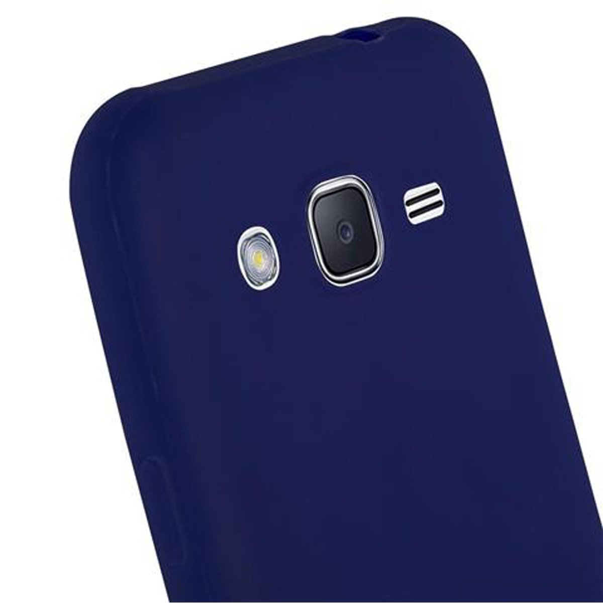Primo piano di una custodia per telefono blu scuro con dettagli fotocamera e flash.