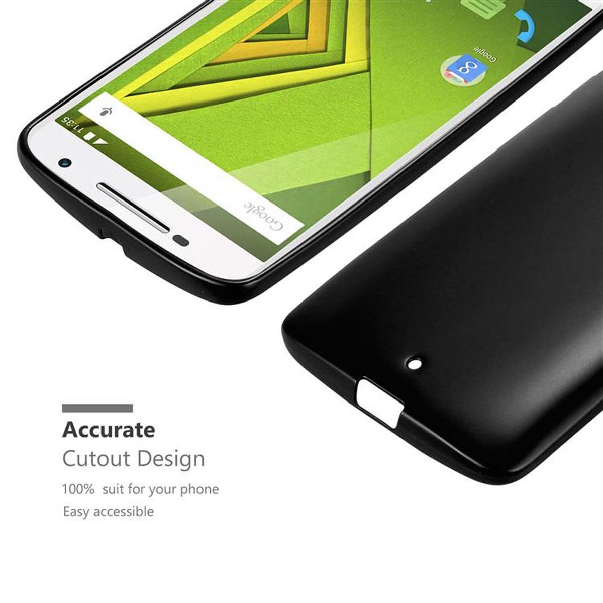 Ein Telefon und eine schwarze Hülle mit dem Text "Accurate Cutout Design" und "Easy accessible".