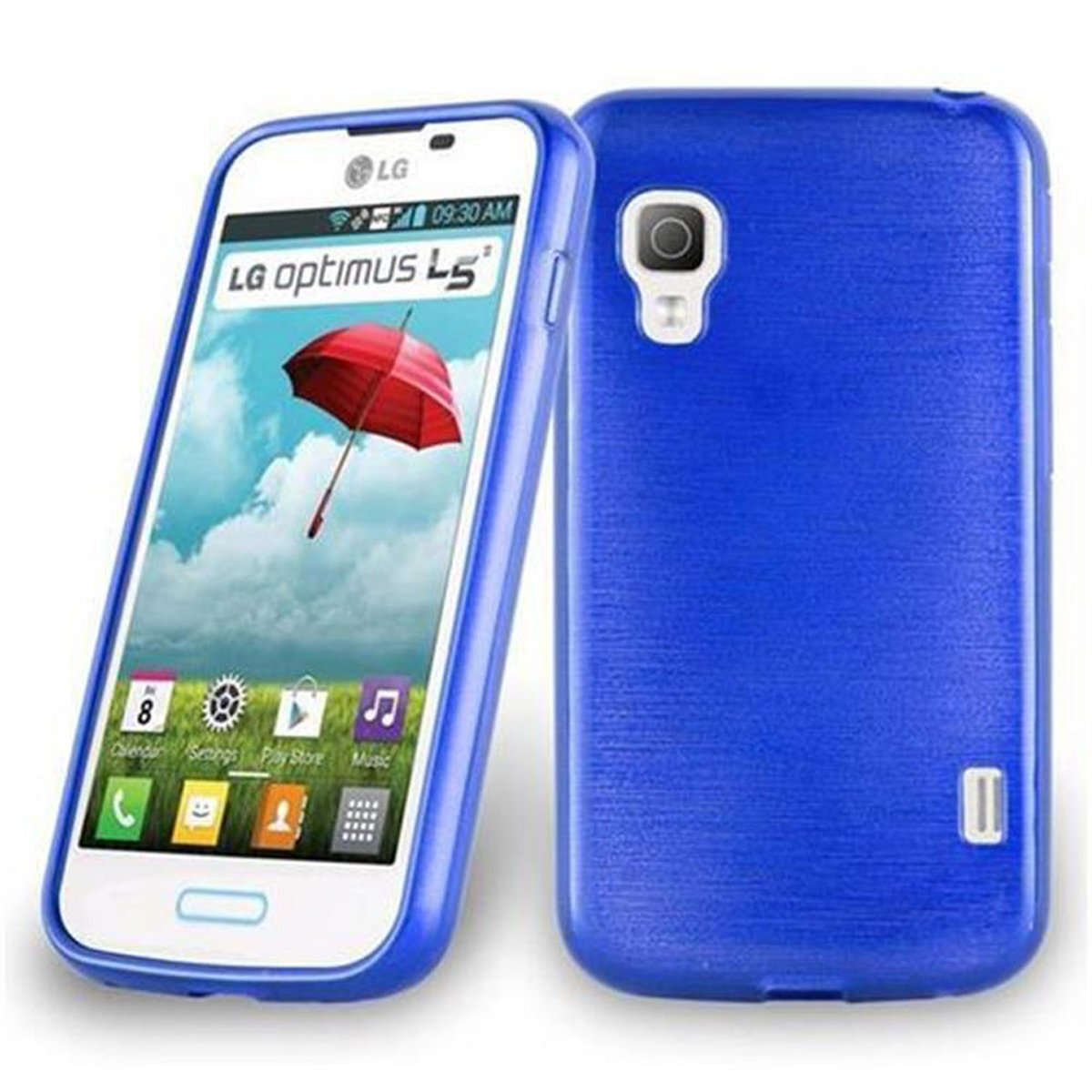 Una funda azul para teléfono está al lado de un teléfono blanco. El teléfono muestra una pantalla. La funda está de pie.