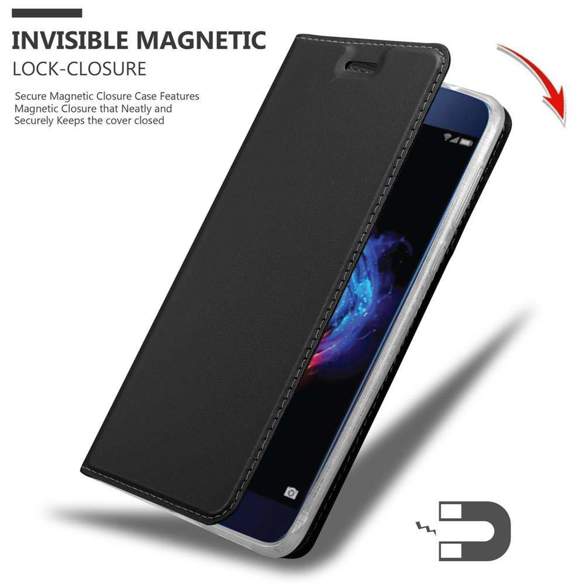 Eine schwarze Handyhülle, die geöffnet ist, mit einem Telefon darin. Die Handyhülle hat einen Magnetverschluss.