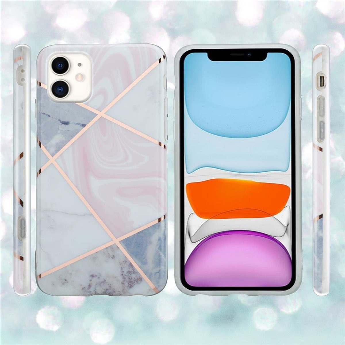 Tre custodie per telefono, bianche con linee oro rosa, motivo a marmo e viste laterali.