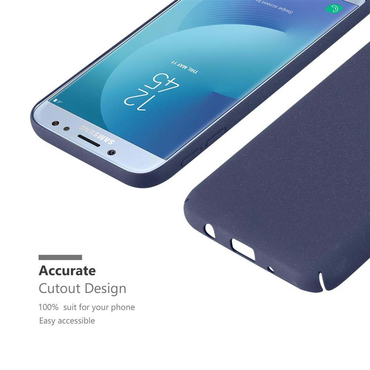 Un telefono e una custodia blu navy sono su una superficie bianca. Il telefono è acceso, mostrando lo schermo.
