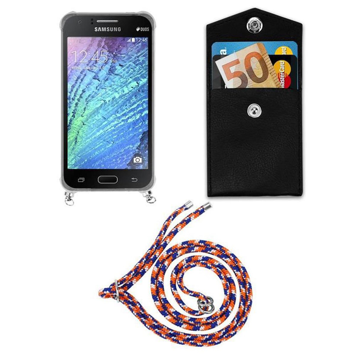 CADORABO Handy Kette mit Silber abnehmbarer WEIß 2015, ORANGE Galaxy Ringen, Hülle, Band Backcover, J1 Samsung, Kordel und BLAU