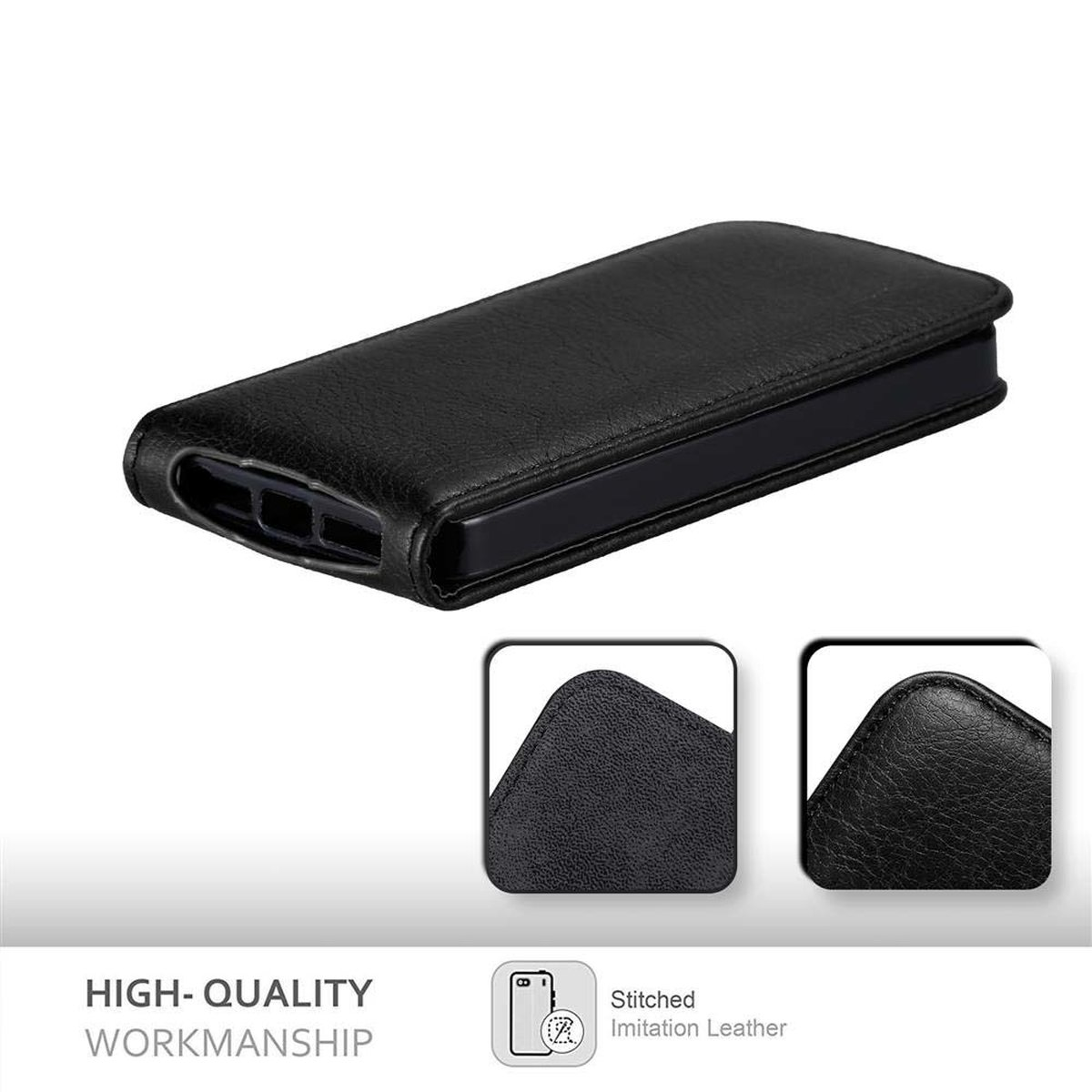 Una funda negra para teléfono sobre un fondo blanco. La funda tiene una superficie texturizada y un recorte abierto para el teléfono.