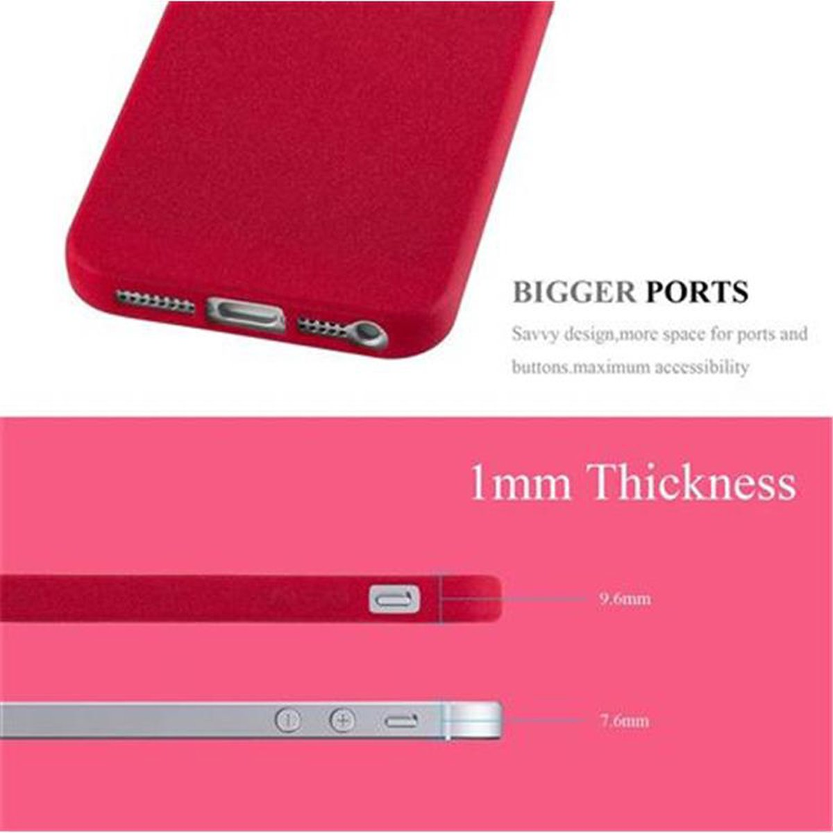 Custodia rossa con testo sullo spessore e le porte del telefono.