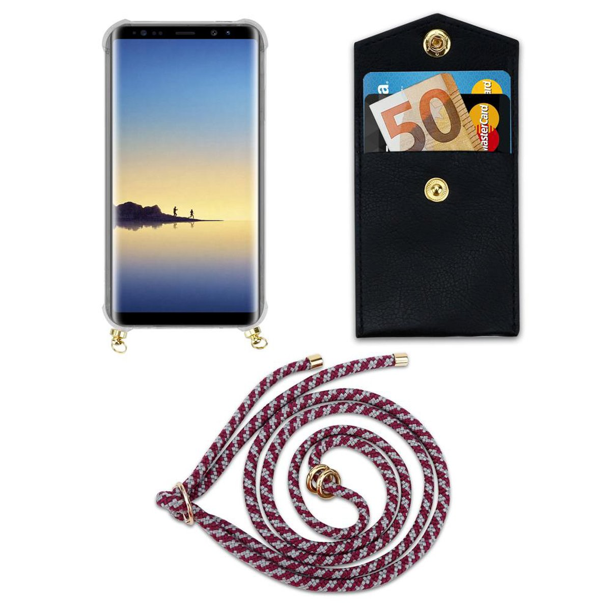 CADORABO Handy Gold Hülle, NOTE Galaxy Band 8, abnehmbarer WEIß Backcover, mit und Ringen, Kette Samsung, Kordel ROT
