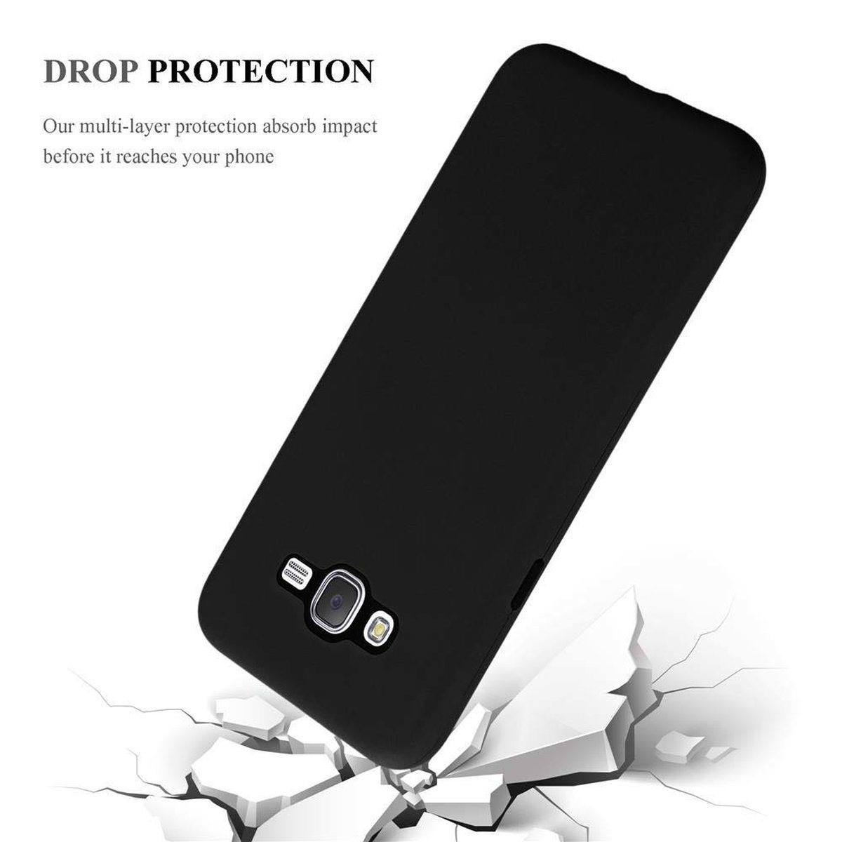 Custodia per telefono nera su superficie bianca. Testo: DROP PROTECTION. Telefono non danneggiato.