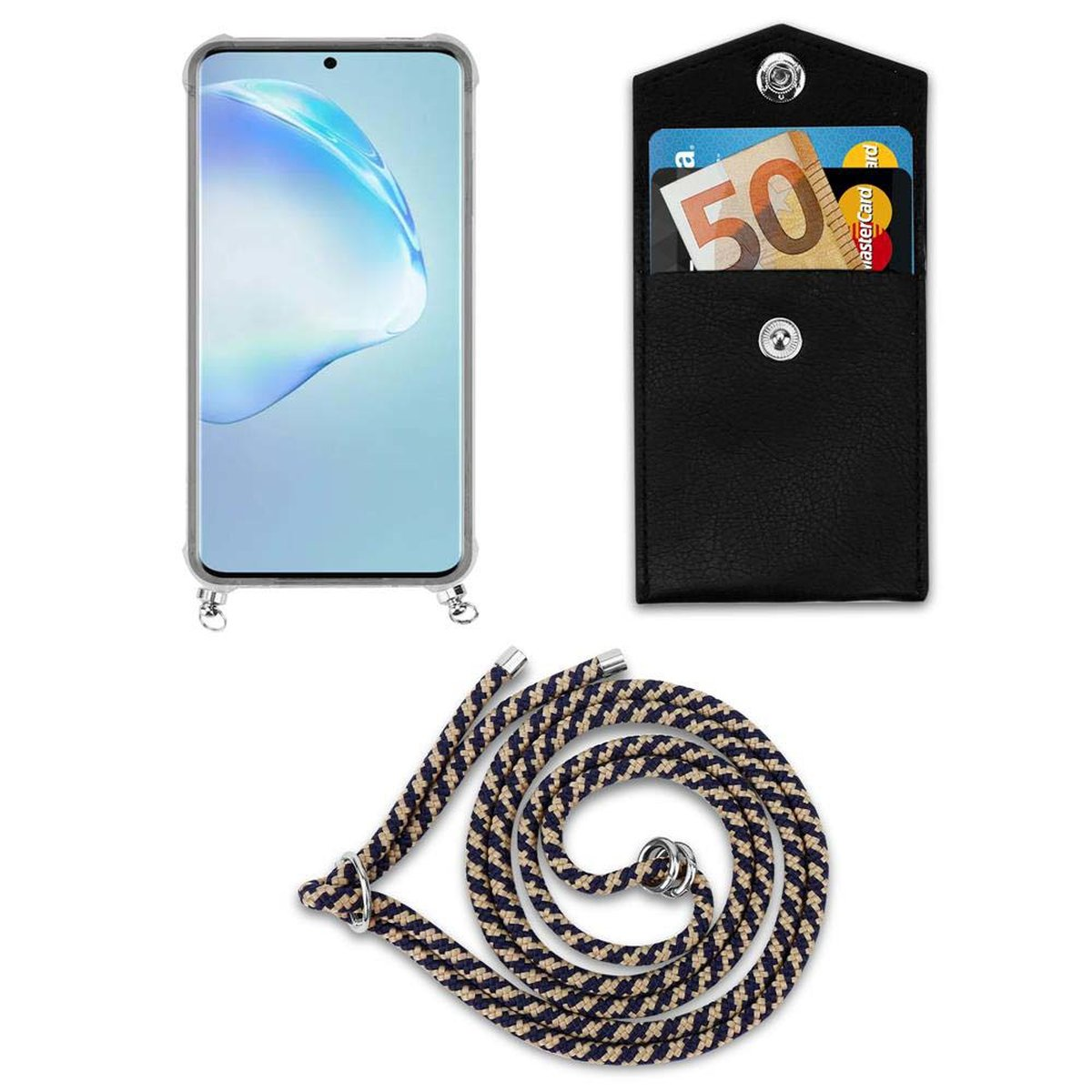 CADORABO Handy Kette mit Silber Samsung, Ringen, und S20 PLUS, Hülle, Backcover, Kordel abnehmbarer Band GELB Galaxy DUNKELBLAU