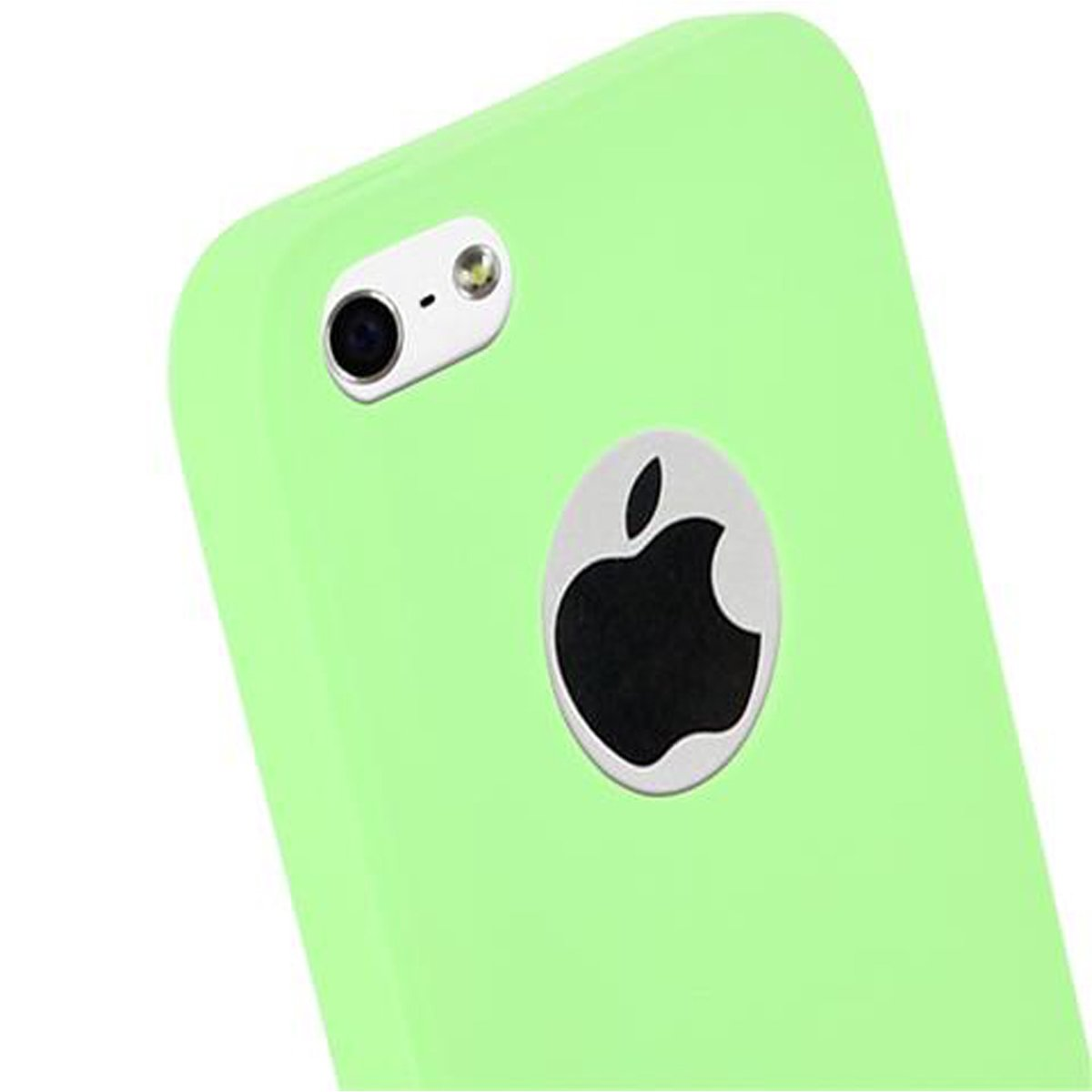 Funda de teléfono verde. Logotipo de Apple en la parte trasera. Lente de la cámara visible. Primer plano del teléfono.